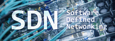 SDN, Software defined networking concept on modern server room background.