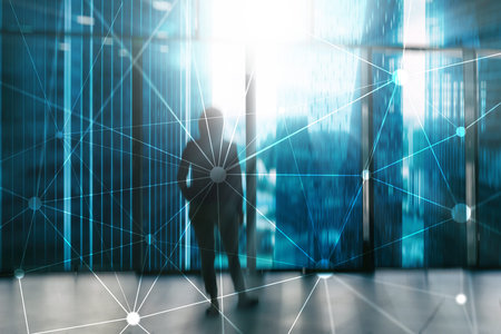 Blockchain network on blurred skyscrapers background. Financial technology and communication...