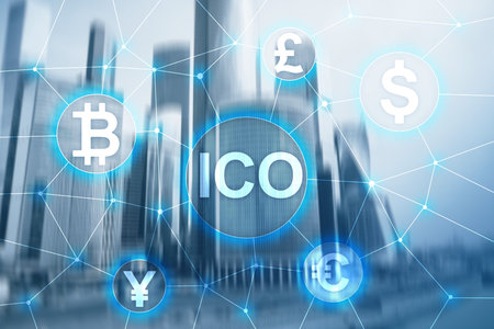 ICO - Initial coin offering, Blockchain and cryptocurrency concept on blurred business building...