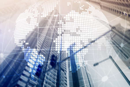 3D Earth hologram on blurred background.Global business and communication concept.の写真素材