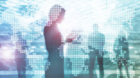 Double exposure world map on skyscraper background. Communication and global business conceptの写真素材