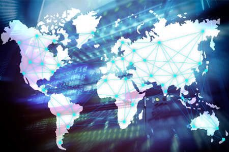 Internet and telecommunication concept with world map on server room backgroundの写真素材