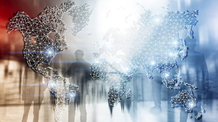 Global World Map Double Exposure Network. Telecommunication, International business Internet and technology concept.の写真素材