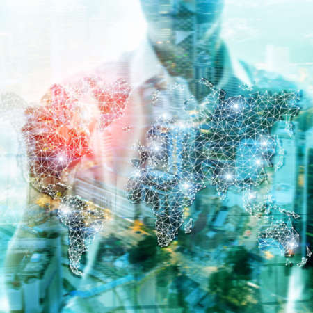 Global World Map Double Exposure Network. Telecommunication, International business Internet and technology concept.の写真素材