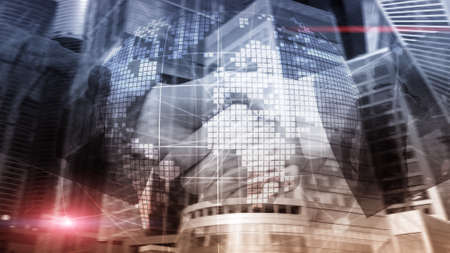 3D Earth hologram on blurred background.Global business and communication concept.の写真素材