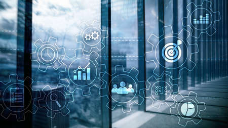 Business process automation concept. Gears and icons on abstract background.の写真素材