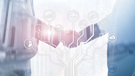 Business applications icons on blurred background. Financial and trading. Internet technology concept.の写真素材