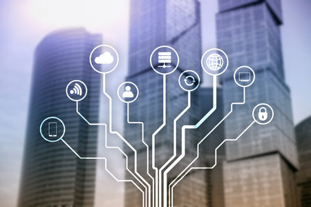 Telecommunication and IOT concept on blurred business center background