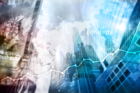 Business abstract background double exposure graph, chart and diagram. World wide map and. Global...