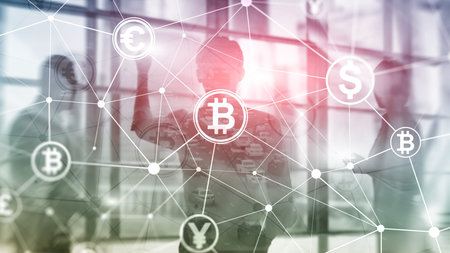 Double exposure Bitcoin and blockchain concept. Digital economy and currency trading