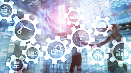 Automation technology and smart industry concept on blurred abstract background. Gears and icons.