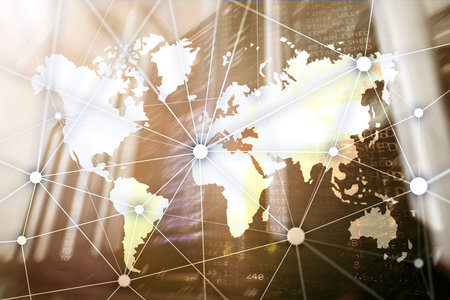 World map with communication network on server room backgroundの写真素材