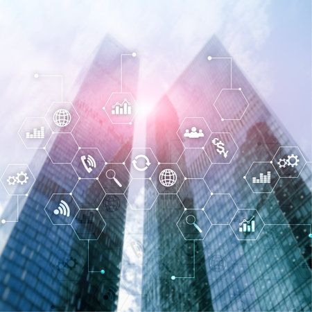 Double exposure mixed media. Diagrams and icons on hologram screen. Business people and modern city...
