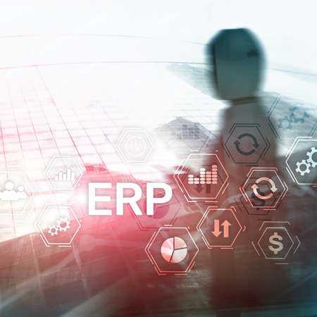 ERP system, Enterprise resource planning on blurred background. Business automation and innovation conceptの写真素材