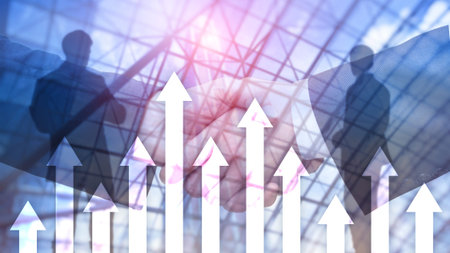 Up arrow graph on skyscraper background. Invesment and financial growth concept