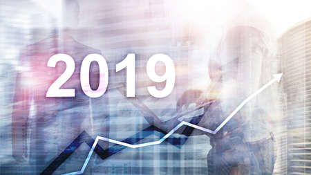 New year 2019 Financial growth graph on blurry business backgroundの写真素材