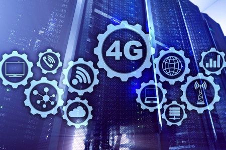Mobile telecommunication cellular high speed data connection concept: 4G LTE. On server room...