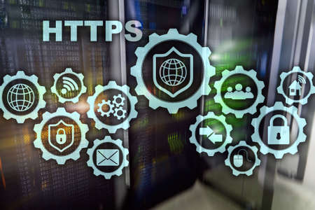 HTTPS. Hypertext Transport Protocol Secure. Technology Concept on Server Room Background. Virtual Icon for network security web serviceの写真素材