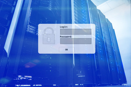 Server room, login and password request, data access and security