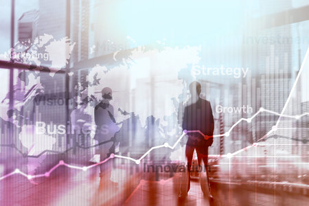 Business abstract background double exposure graph, chart and diagram. World wide map and. Global...