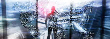 Global World Map Double Exposure Network. Telecommunication, International business Internet and technology concept.の写真素材