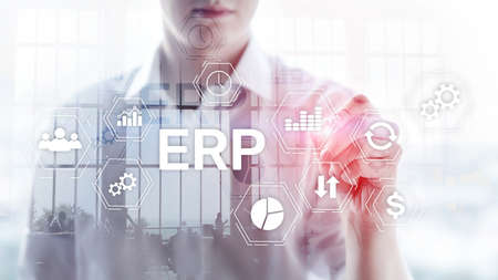 ERP system, Enterprise resource planning on blurred background. Business automation and innovation conceptの写真素材