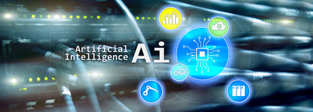Artificial intelligence hi-tech business technologies concept. Futuristic server room background. AI
