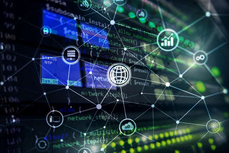 ICT - information and telecommunication technology and IOT - internet of things concepts. Diagrams with icons on server room backgrounds.の写真素材