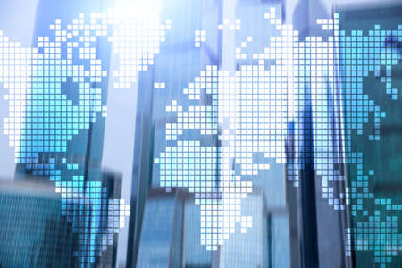 Double exposure world map on skyscraper background. Communication and global business concept.の写真素材