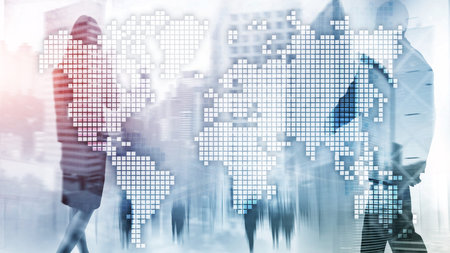 Double exposure world map on skyscraper background. Communication and global business concept.