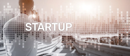 Startup concept with double exposure diagrams blurred background. Website header banner