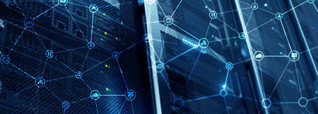 Telecommunication concept with abstract network structure and server room background.