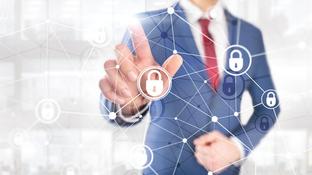 Cyber security, information privacy, data protection concept on modern server room background....