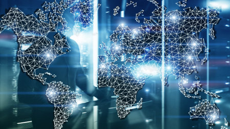 Global World Map Double Exposure Network. Telecommunication, International business Internet and...