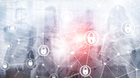 Cyber security, information privacy, data protection concept on modern server room background....