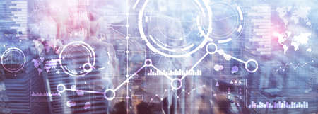 Business interface mixed media double exposure financial chart graph diagram and icon on virtual...