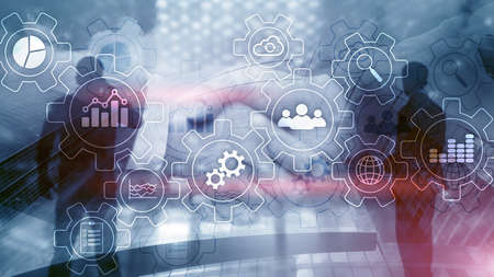 Business process abstract diagram with gears and icons. Workflow and automation technology concept