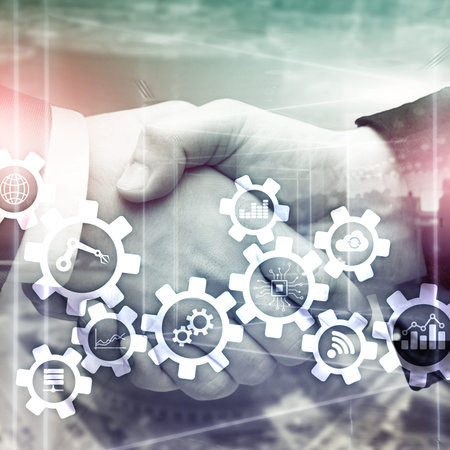 Automation technology and smart industry concept on blurred abstract background. Gears and icons.の写真素材