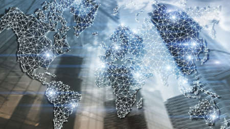 Global World Map Double Exposure Network. Telecommunication, International business Internet and technology concept.の写真素材