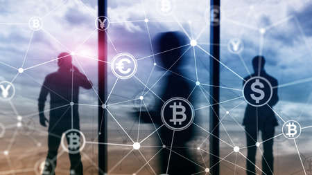 Double exposure Bitcoin and blockchain concept. Digital economy and currency trading