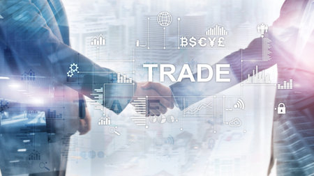 Stock trading candlestick chart and diagrams on blurred office center background