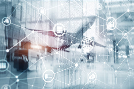 ICT - information and telecommunication technology and IOT - internet of things concepts. Diagrams with icons on server room backgrounds.の写真素材