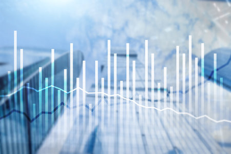 Double exposure Economics growth diagrams on blurred background. Business and investment concept.