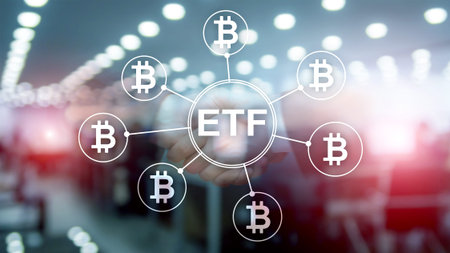 Bitcoin ETF cryptocurrency trading and investment concept on double exposure background.
