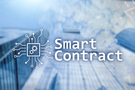 Smart contract, blockchain technology in business, finance hi-tech concept. Skyscrapers background.