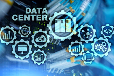 Data Center of the Future on a virtual screen. Business information technology concept. Storing data and securing business continuityの写真素材