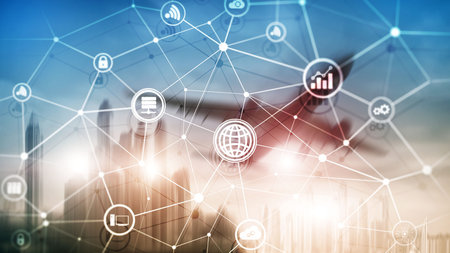 ICT - information and telecommunication technology and IOT - internet of things concepts. Diagrams with icons on server room backgroundsの写真素材