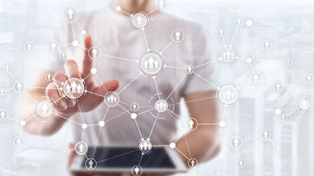 HR Human resources management peoples relation organisation structure virtual screen mixed media double exposure.の写真素材
