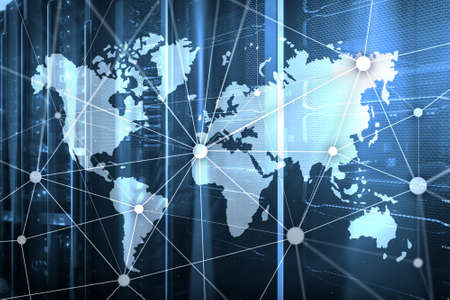 World map with communication network on server room background.の写真素材