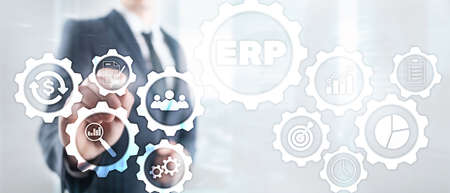 ERP system, Enterprise resource planning on blurred background. Business automation and innovation concept.の写真素材